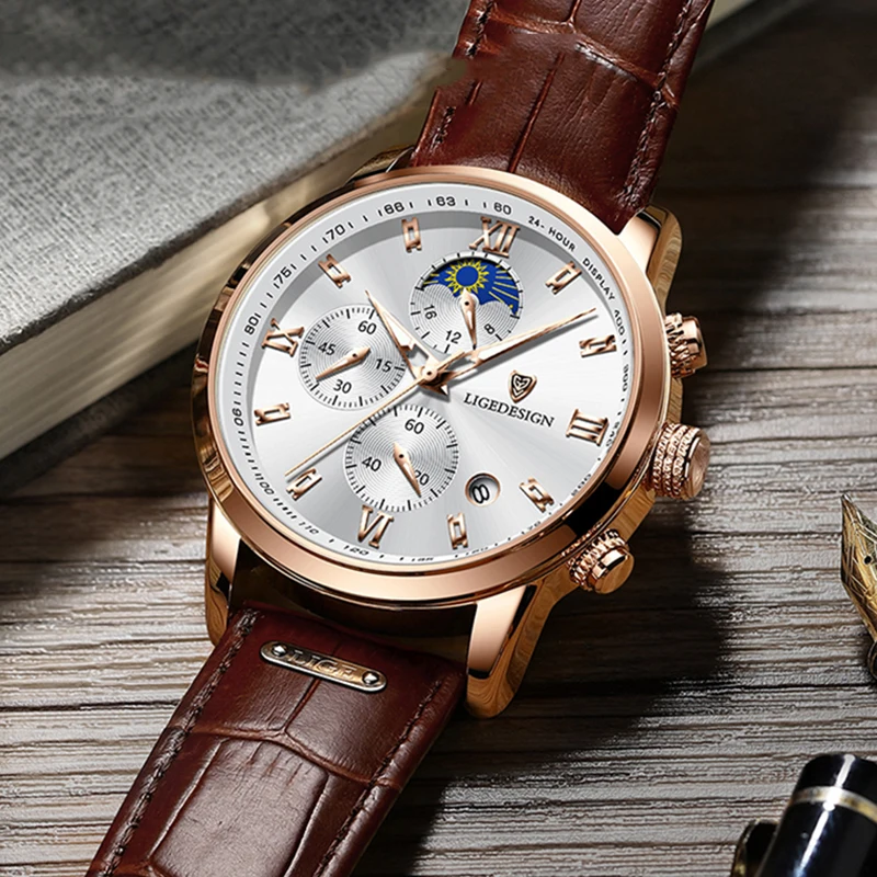 Casual Moon Phase Quartz Watch For Men With Leather Strap_voghion.com