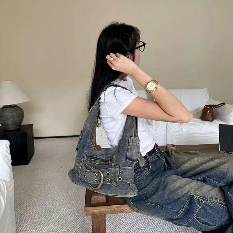 Trendy Women Vintage Denim Punk Shoulder Bag Y2k Streetwear Grunge Handbag Cool Girls Retro Gothic Casual Underarm Bags_voghion.com