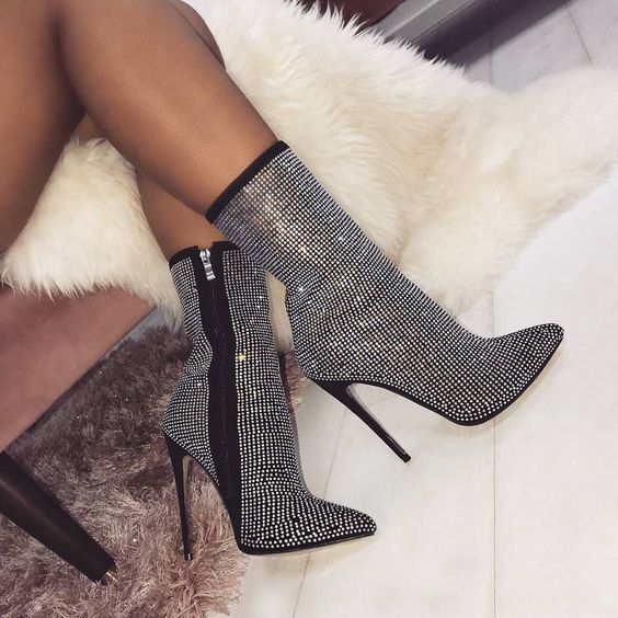Women's Pointed Toe Rhinestone High Heel Boots Autumn Winter