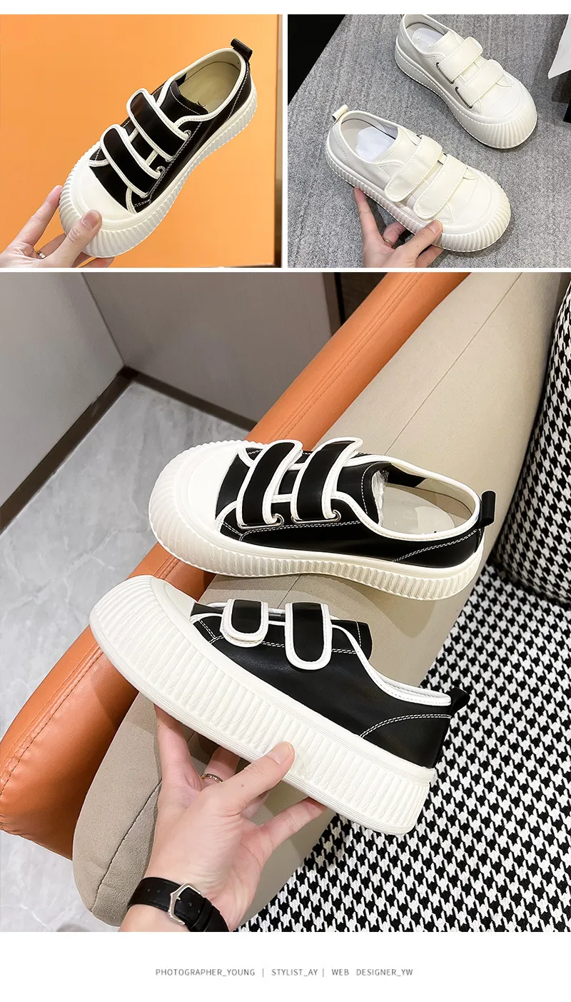 Ugly Cute Velcro Big Head Genuine Leather Thick Sole Biscuit Fashionable And Versatile Casual Women Shoes_voghion.com