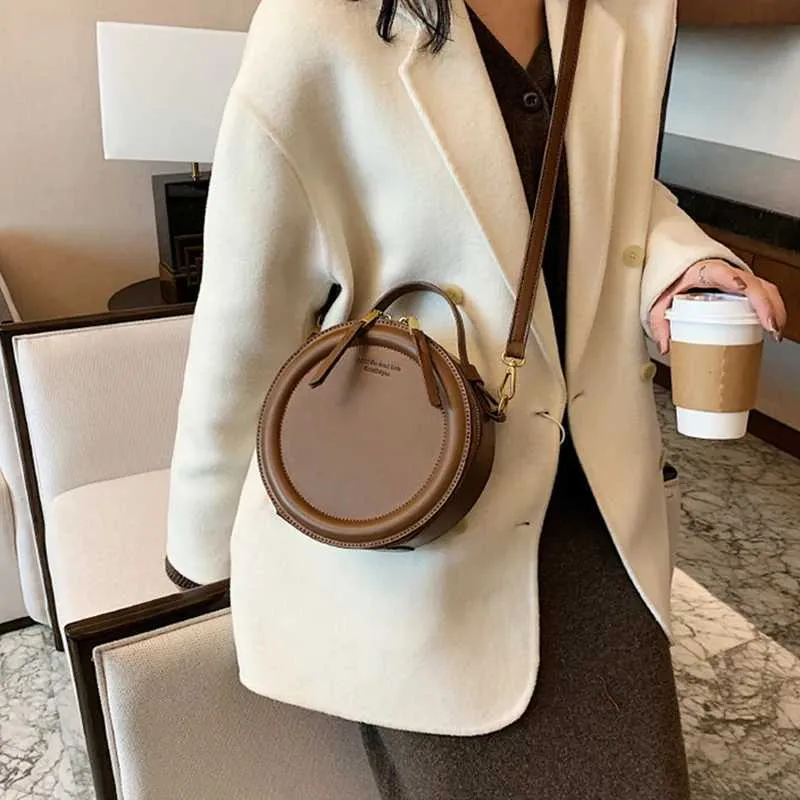 Einfarbig PU Leder Schulter Umhängetasche Für Frauen Runde Kleine Handtasche Mode Designer Taschen Weibliche Zipper_voghion.com