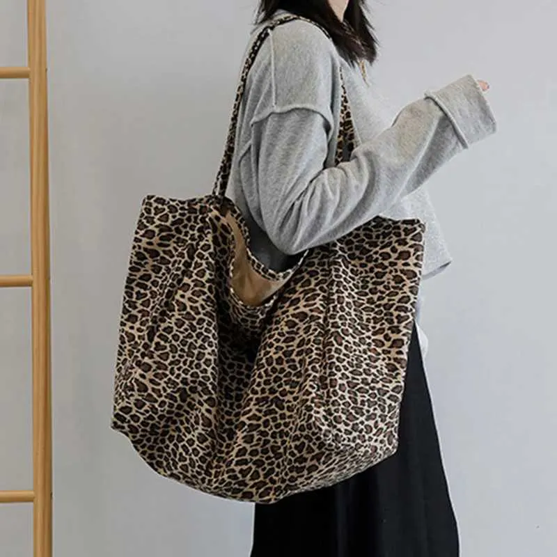 Fashion Womens Shopping Handbag Leopard Pattern Crossbody Large Capacity Shoulder Bag Simple Canvas Female BagsC241104_voghion.com
