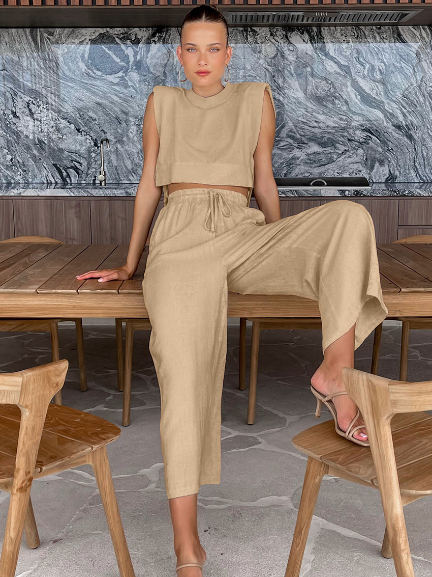 Women's Clothing Fashion cotton and linen suits style shoulder pad sleeveless tops and trousers two-piece suits_voghion.com