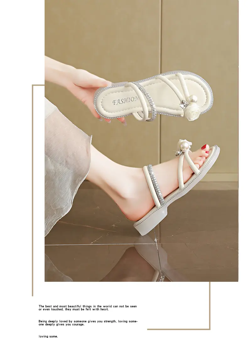 Elegant Women's Pearl Rhinestone Flat Sandals Low Block Heel Slide_voghion.com