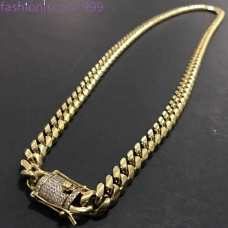 Mens Gold Tone 316L Stainless Steel Necklace Curb Cuban Link Chain with Diamonds Clasp Lock 8mm/10mm/12mm/14mm/16mm/18m_voghion.com