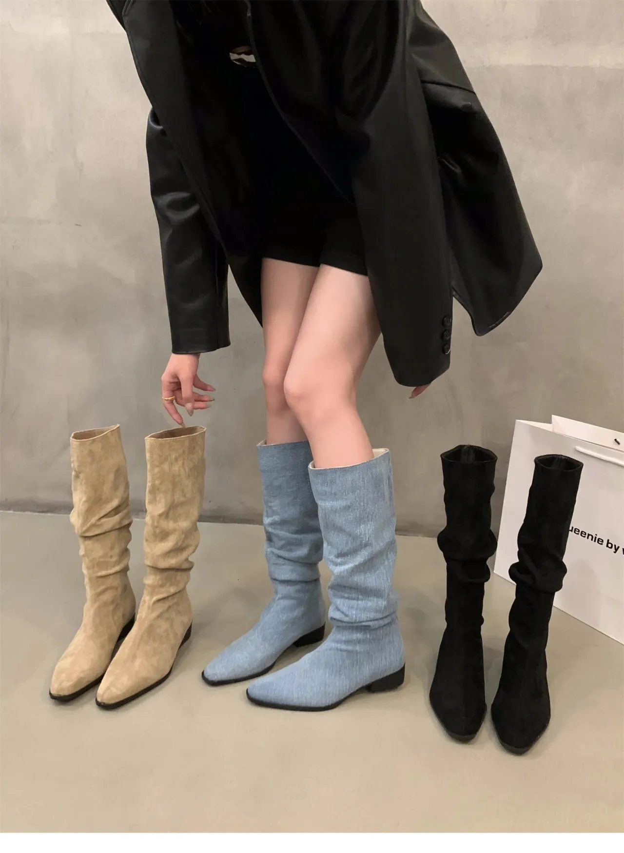Womens knee high autumn and winter shoes fashionable womens sliding up folding low toe boots Botas De Mujer D81 241007_voghion.com