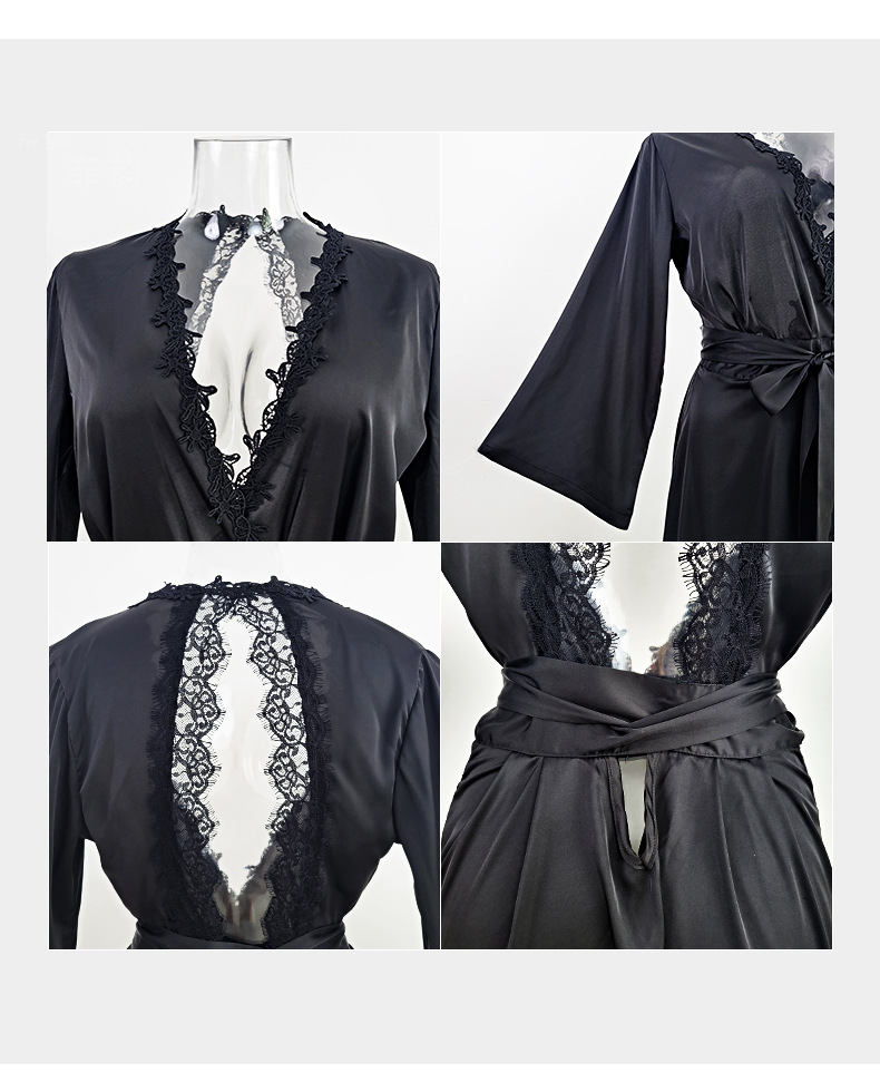 Robes New Sexy Nightgown Long Bathrobe Female Long Sleeve Backless Ladies Satin Home Clothes 369_voghion.com