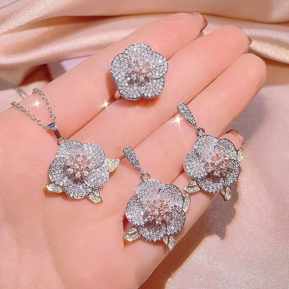Ensembles de bijoux de mariage en argent sterling, bagues en diamant en grappe, type fleur pour femmes, trois pièces, cadeaux de fiançailles complets pour femmes_voghion.com