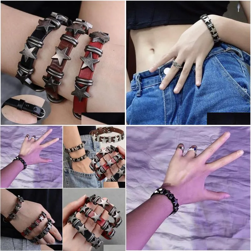 Vintage Star Leather Bracelet For Men Punk Rock Gothic Cuff Bangle_voghion.com