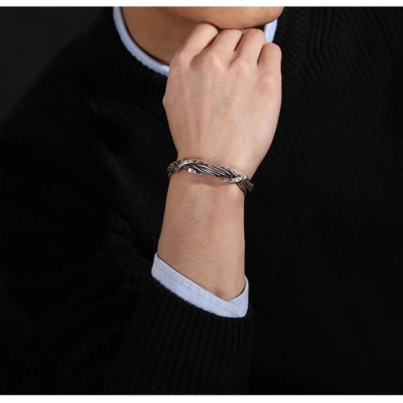 Nouveau Bracelet thaïlandais martelé à la main en filigrane tressé pour hommes, Vintage, ouvert,_voghion.com