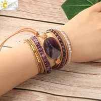 Charm CSJA Naturstensarmband Rosa Kvarts Läderarmband för Kvinnor Rosenstenar Kristallpärlor Bohemiska Smycken 5_voghion.com