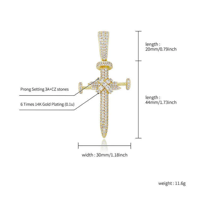 Unisex Ins Full Zircon Nail Cross Pendant Necklace Hip Hop Punk Jewelry Bling Real Yellow Gold Shiny Cz Stone Cubic_voghion.com