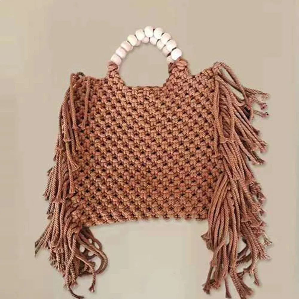 Knitted Tote Bag With Tassel Beading Large Capacity Beach Bag_voghion.com