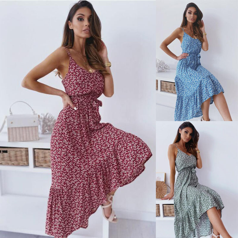 Damen Blumen Trägerkleid Mit Taillengürtel Für Den Sommer_voghion.com