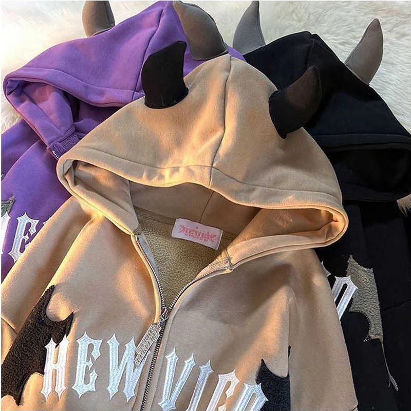 Erkek I mp Kapşonlu Sweatshirtler Hip Hop Koyu Yarasa Kanatlı Şeytan Boynuz Gotik Fermuarlı Kapşonlu Ceket Erkek Kadın Büyük Boy Sweatshirt_voghion.com
