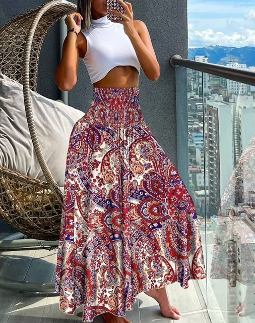 Venta caliente, vestido de verano con estampado retro para mujer, nuevo, de cintura alta, corte en A, dobladillo grande, falda informal con flores de medio cuerpo_voghion.com
