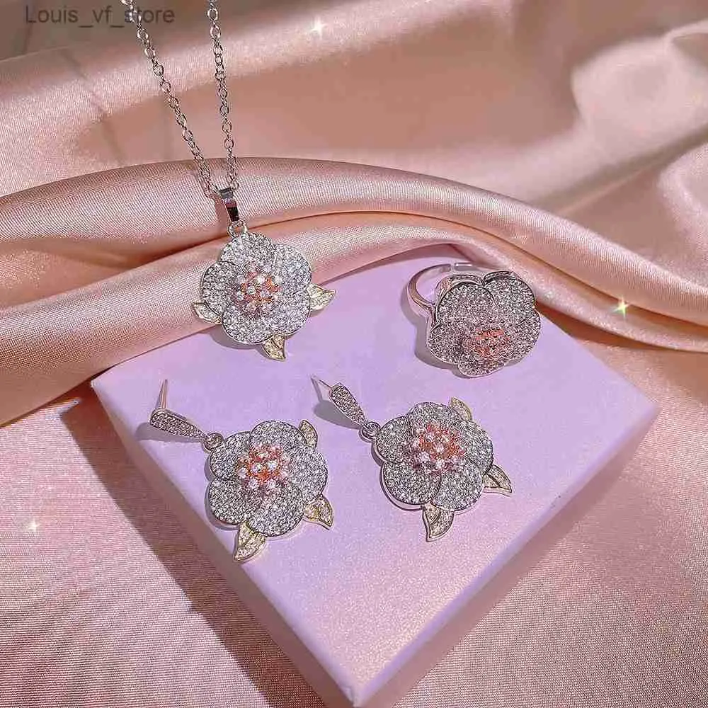 Ensembles de bijoux de mariage en argent sterling, bagues en diamant en grappe, type fleur pour femmes, trois pièces, cadeaux de fiançailles complets pour femmes_voghion.com