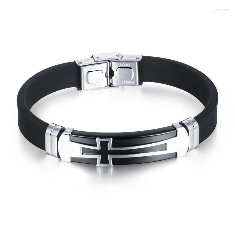 Braccialetti da uomo in silicone nero Classico in acciaio inossidabile Grande croce Gioielli da uomo Accessori con ciondolo religioso 2 colori1_voghion.com