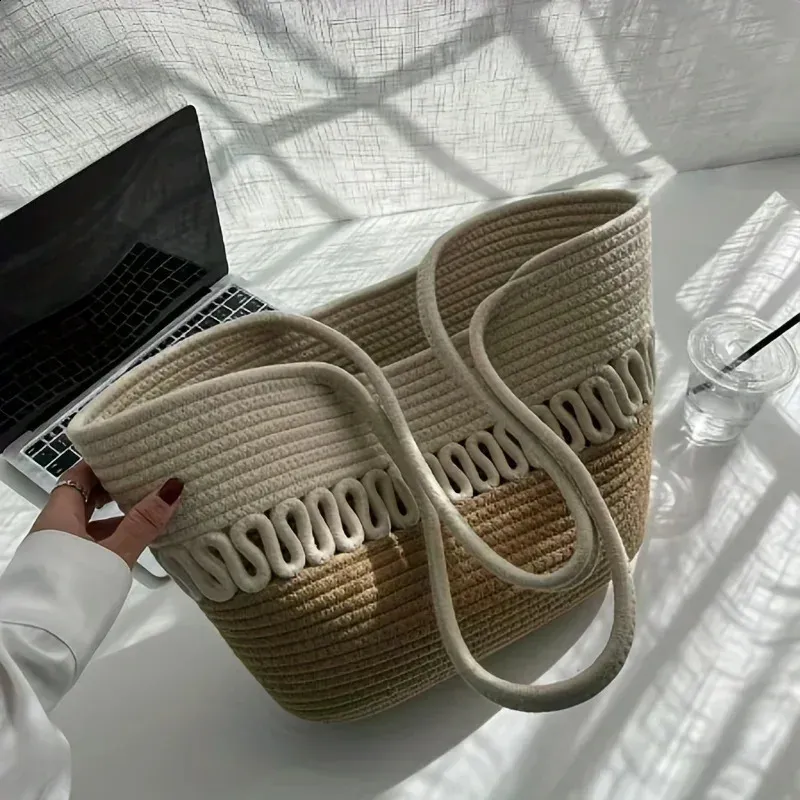 Damen Stroh Tote Bag Khaki Große Handgemachte Strandtasche_voghion.com