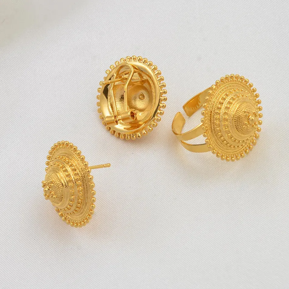 Hochzeitsschmucksets Anniyo DIY Seilkette Äthiopisches Set Goldfarbe Eritrea Ethno-Stil Habesha Anhänger Ohrringe Ring_voghion.com