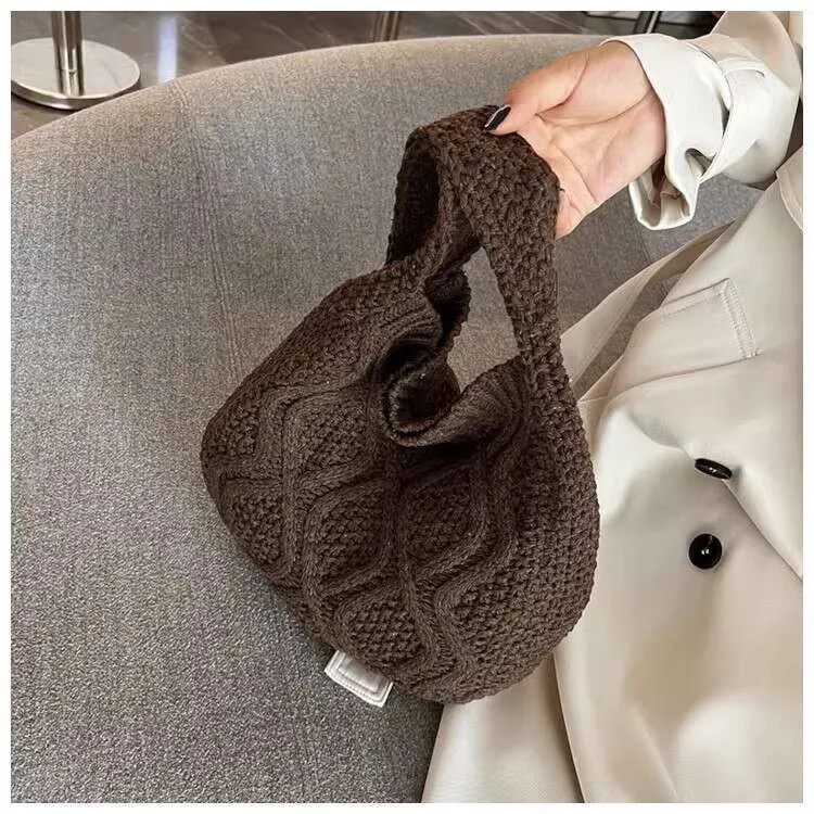 New Knitted Art Crossbody Bags Solid Color Tote Spinach Twist Shoulder Women's Bag_voghion.com
