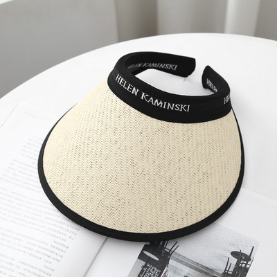 Alphabet Grass Woven Women's Summer Sunshade Open Top Sunscreen Versatile UV Protection Hair Hoops Cool Hat Fashionable_voghion.com