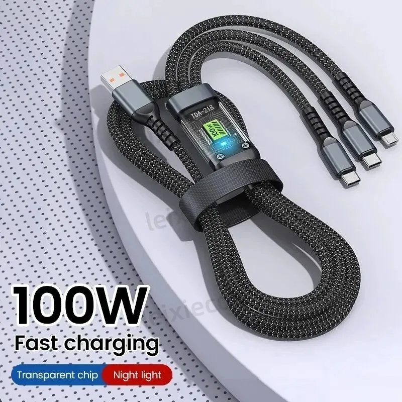 Three In One Micro USB C-type Suitable For Ultra Of Smartphones 100W Digital Display With Light Fast Charging Data Cable_voghion.com