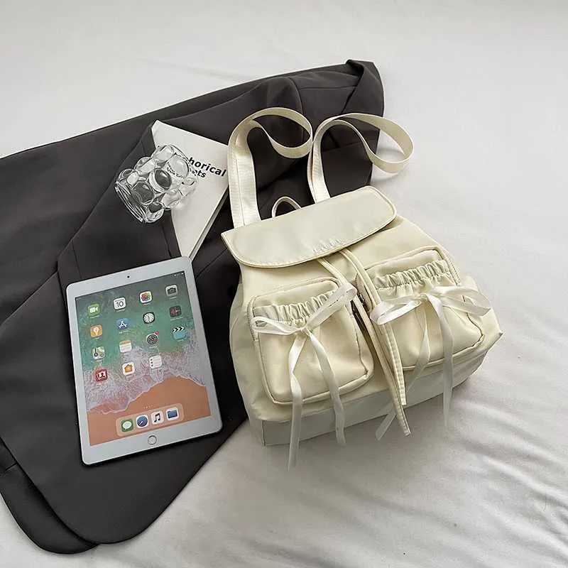 Bogen Design Frauen Kleine Nylon Rucksäcke 2024 Frühling Y2K Koreanische Mode Einfarbig Rucksack Dame Reise_voghion.com
