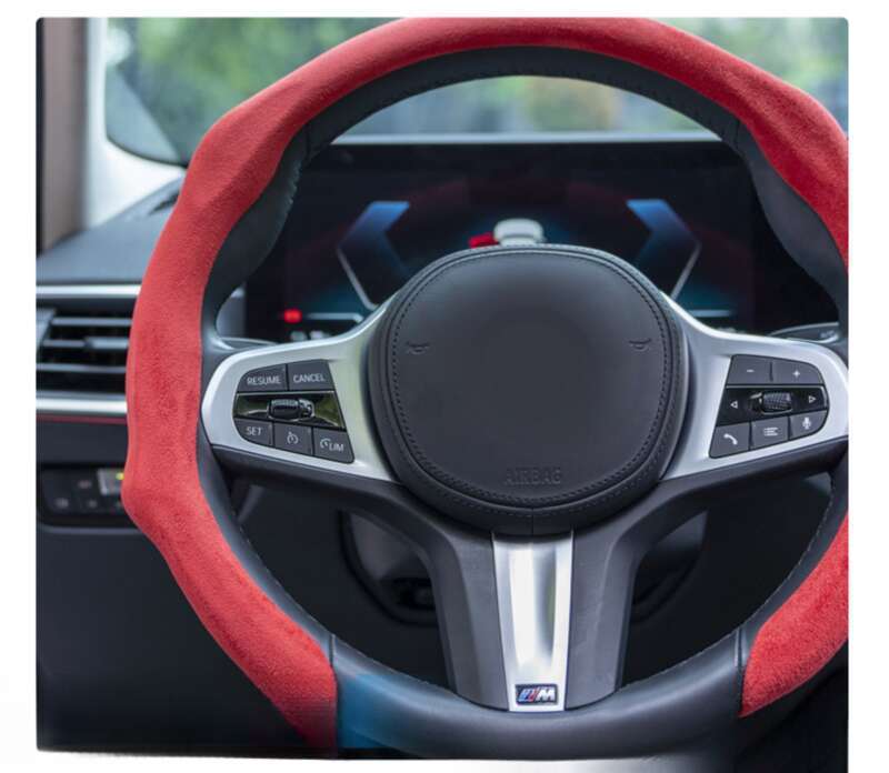 Husă volan auto pentru toate anotimpurile, protecție din piele întoarsă, plasă absorbantă de transpirație, roșie, rotundă, în formă de D, universală, pentru mâner_voghion.com