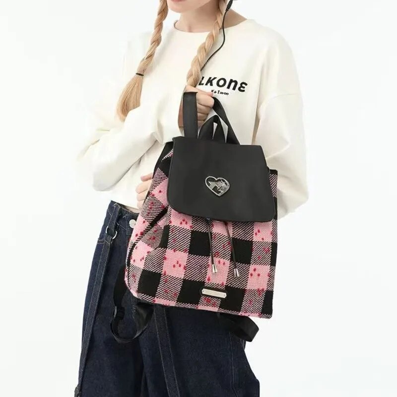 Japa Cavas Drawstrig Backpack Preppy Style Cute Plaid Prit Bag Studet Casual High Capacity Small Tote Bags For_voghion.com