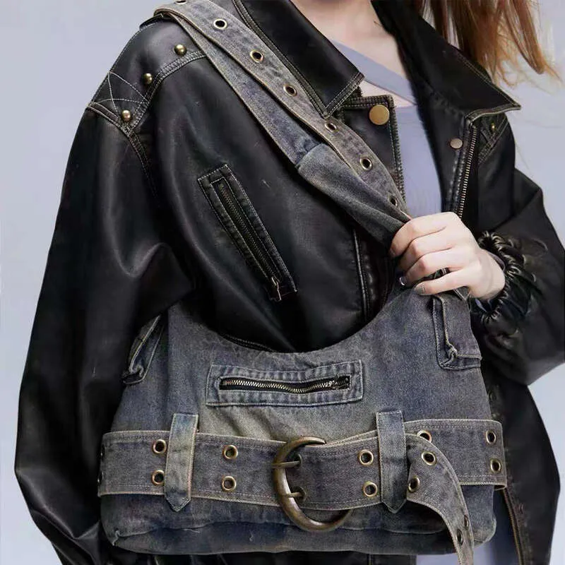 Trendy Women Vintage Denim Punk Shoulder Bag Y2k Streetwear Grunge Handbag Cool Girls Retro Gothic Casual Underarm Bags_voghion.com