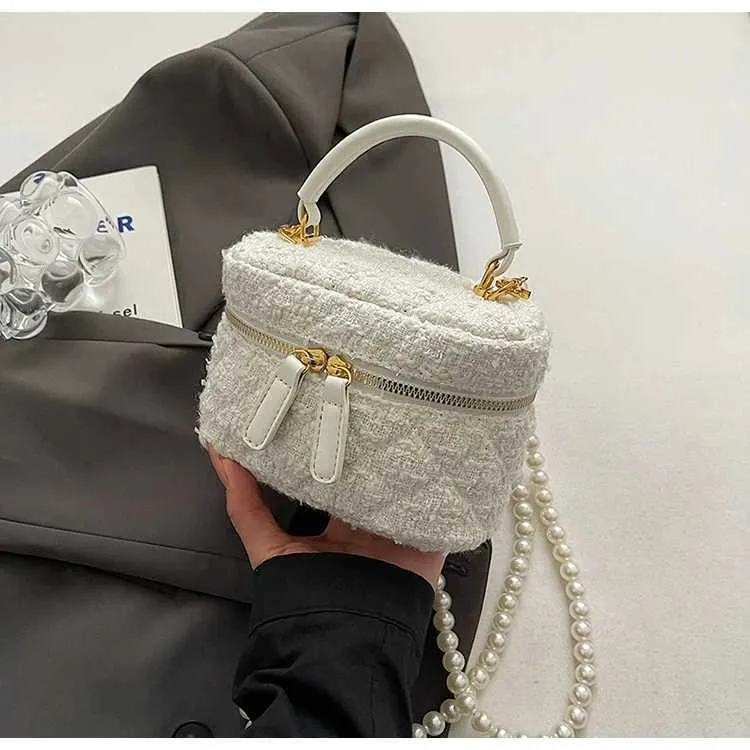 Mini Umhängetasche Für Damen Tweed Karo Klappentasche Perle_voghion.com