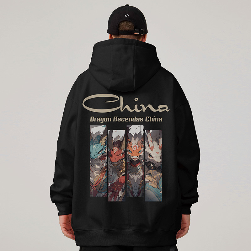 Sweat-shirt à capuche pour Couple Loong, marque de mode en peluche, grand homme, Style chinois, nouvelle collection automne et hiver 2024_voghion.com