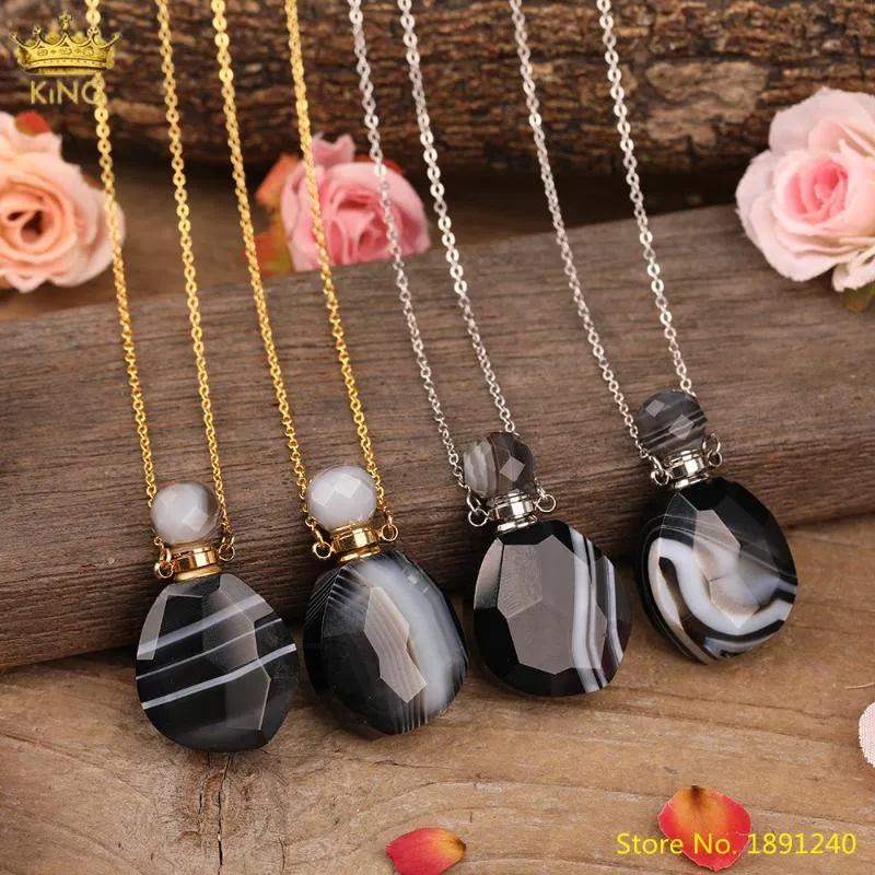 Collares colgantes con piedra de ágata negra natural facetada, botella de perfume para mujer, collar difusor de aceite esencial de ónix dorado_voghion.com