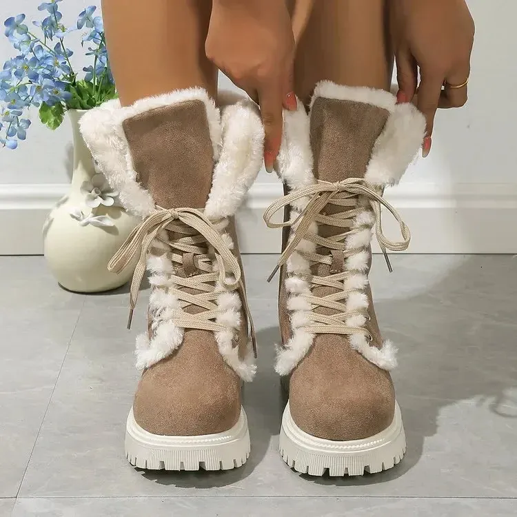 Thick Plush Winter Artificial Fur Platform Ankle For Womens Mid-range Lace Snow Boots And Thick Cotton Shoes 241022_voghion.com