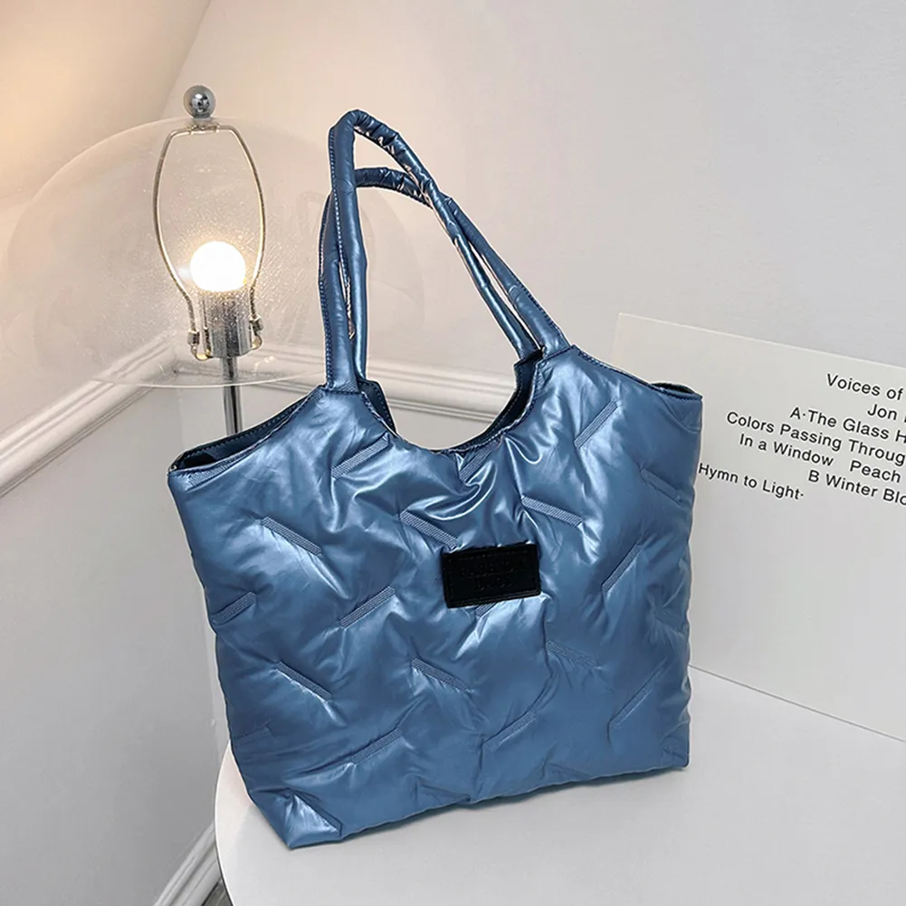 Borsa a mano imbottita in cotone da donna, trapuntata, grande capacità, invernale, casual, morbida e soffice._voghion.com
