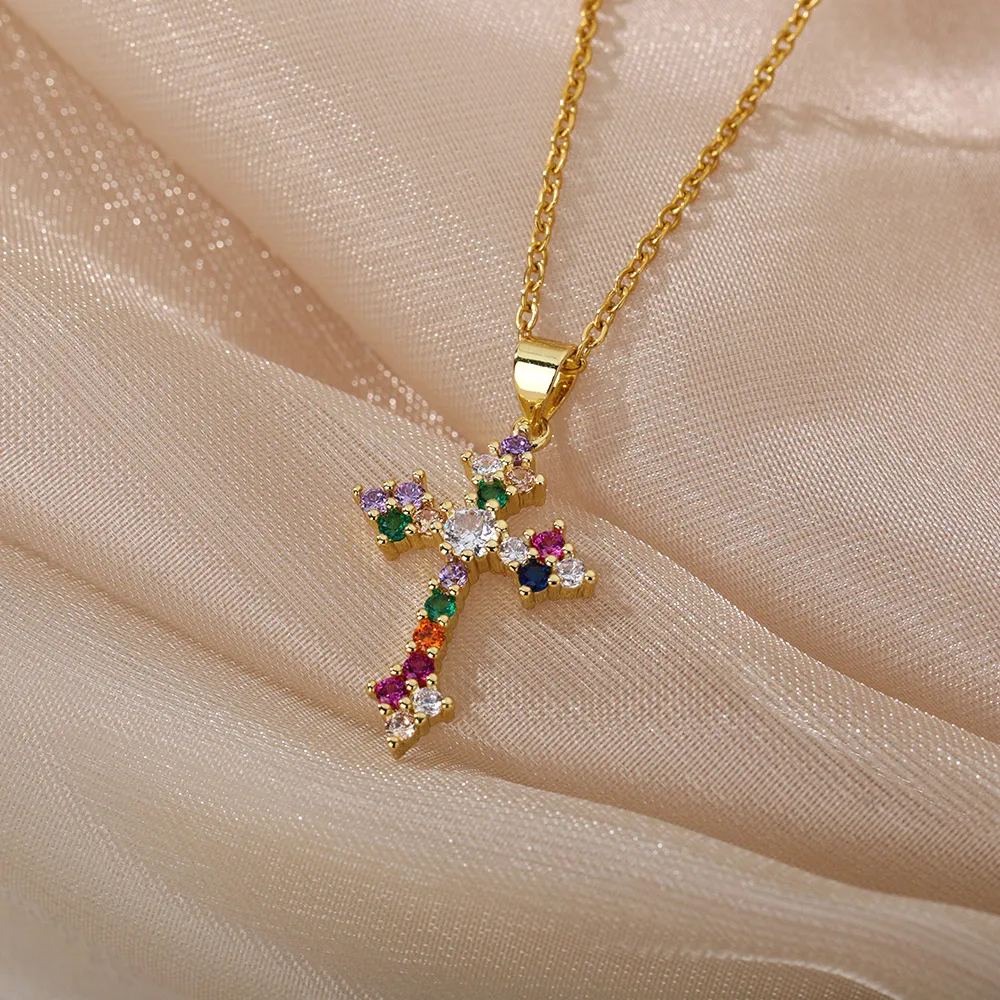 Collane con ciondolo Collana con croce colorata in zircone per donna Acciaio inossidabile Oro Luna Cristallo Gotico Vintage Boho_voghion.com