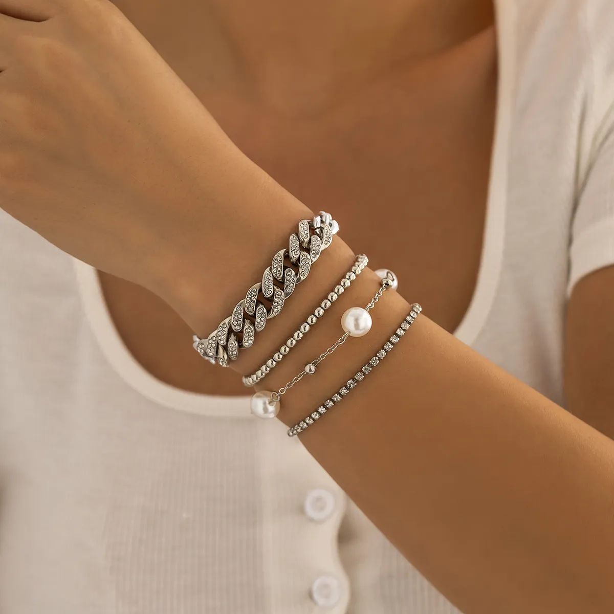 Multilayer Rhinestone Bracelet Set For Women Adjustable Crystal Charm_voghion.com