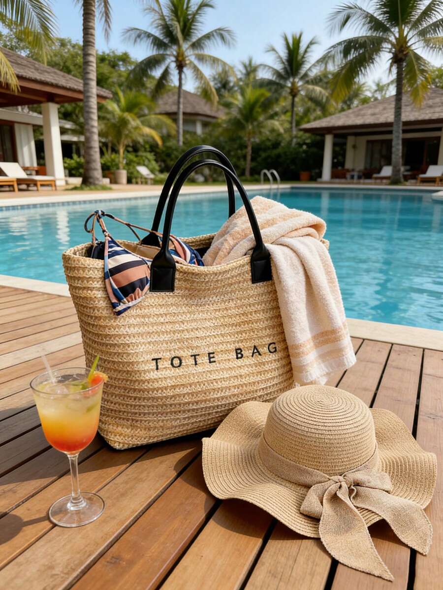 Sac cabas tissé de vacances imprimé « TOTE BAG » en paille, polyvalent comme sac cabas, sac à main, sac à provisions, touche bohème, idéal pour les amoureux._voghion.com