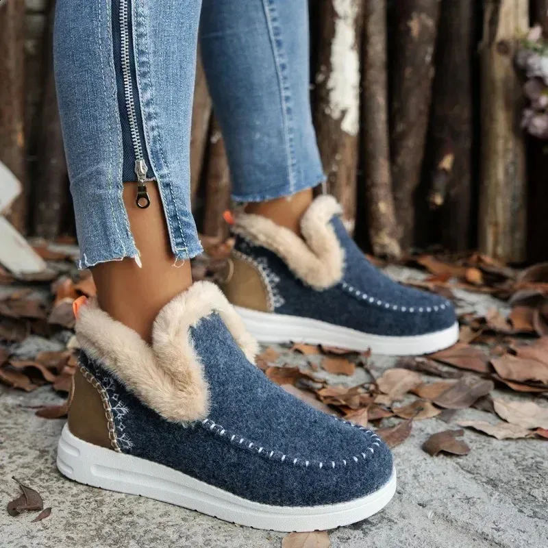 selg Sapatos Manga Feminina Inverno Biqueira Redonda Pelúcia Quente Curto Balde Flat Grande Botas de Neve 240904_voghion.com