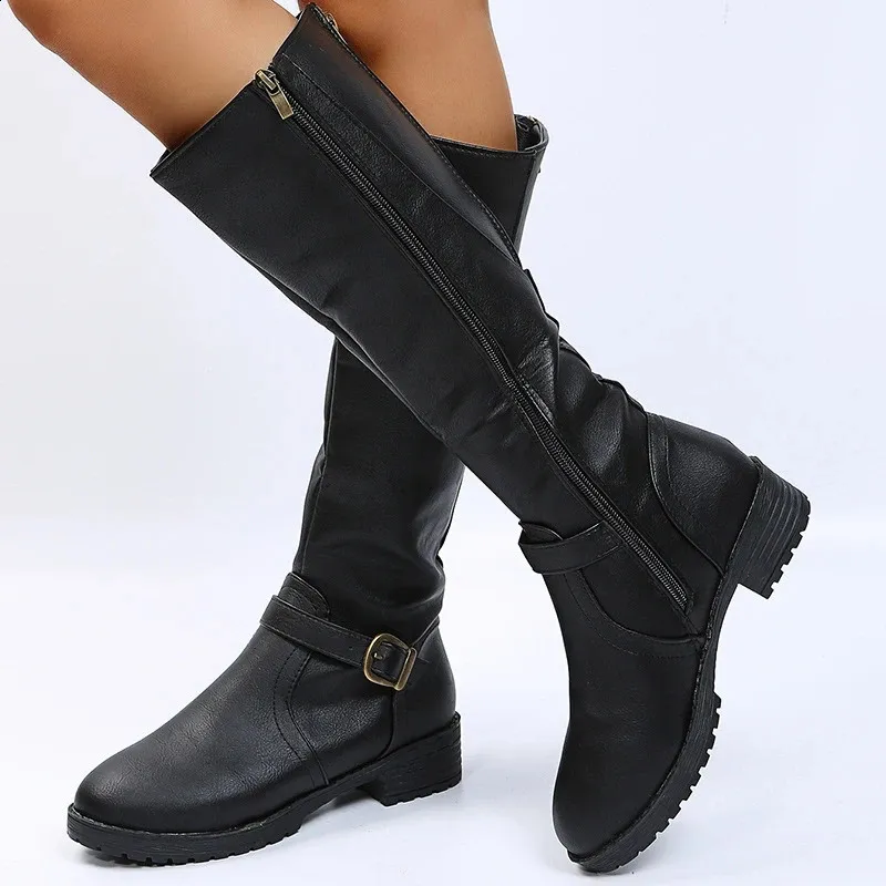 Retro Brown Knee High Large-sized Low Platform Long Autumn Pu Leather Zipper Womens Warm Boots 240911_voghion.com