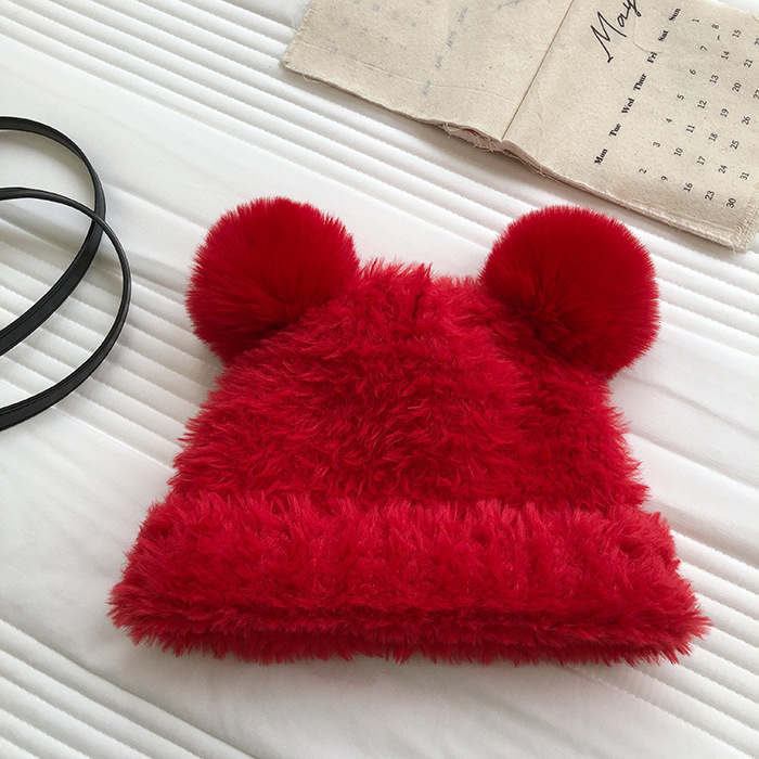Autumn and Winter Cute Little Bear Plush Ear Protection for Children's Versatile Warmth Double Hair Ball Knitted Hat_voghion.com