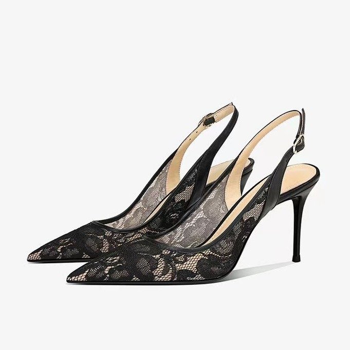 Single Shoe Temperament Shallow Mouth French New Chinese Lace Sandals Pointed One Word With Stiletto Women's High Heels