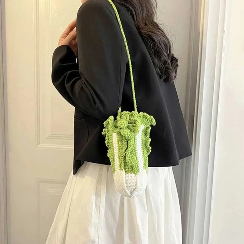 Gestrickte Kohl Eimer Tasche Für Damen Sommer Umhängetasche_voghion.com