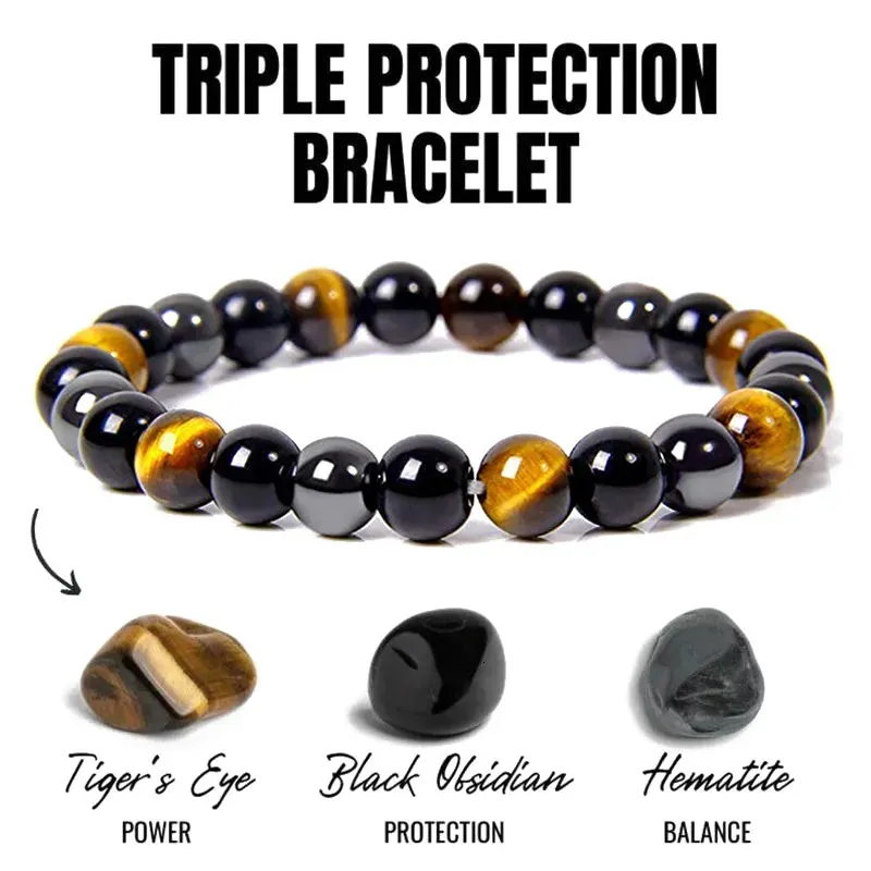 Triple Protection Beaded Bracelet With Obsidian Hematite Tiger Eye_voghion.com