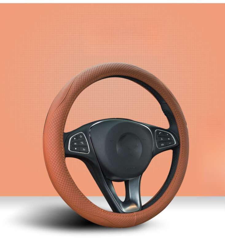Volante in pelle a doppia aghi con giunture bicolore, coprivolante circolare per auto, coprivolante sportivo minimalista a forma di mulino a vento_voghion.com