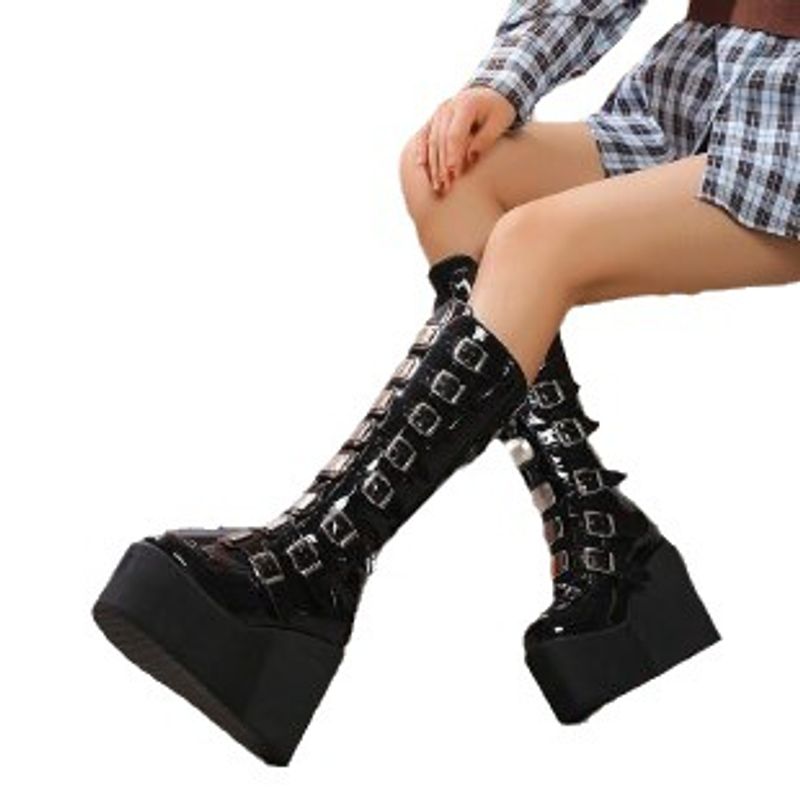 Demonia Buckle Thick Sole 2023 New Gothic Slope Heel High Barrel Women's Punk Style Spicy Girl Knight Boots_voghion.com