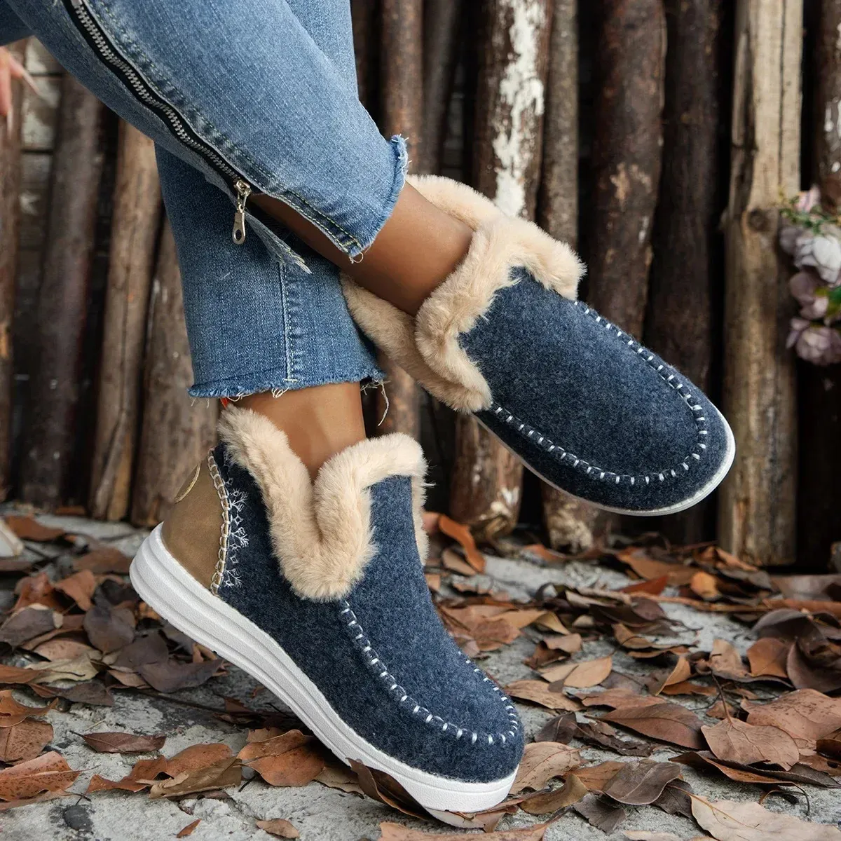 selg Sapatos Manga Feminina Inverno Biqueira Redonda Pelúcia Quente Curto Balde Flat Grande Botas de Neve 240904_voghion.com