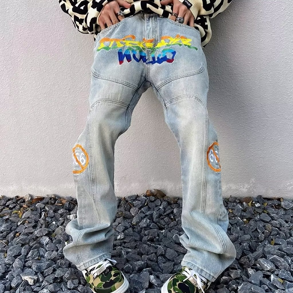 Vêtements pour hommes American High Street Rainbow Lettres brodées Micro Flared Slim Jeans Pantalons patchwork hip-hop rétro pour hommes