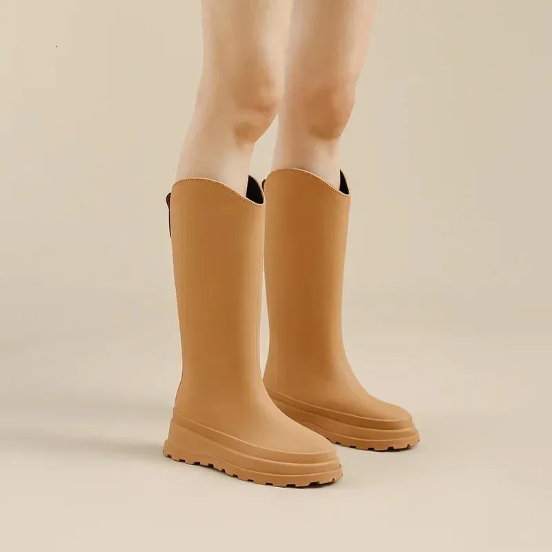 Hoher Regen Damen einfarbig wasserdicht rutschfeste Arbeitsschuhe lange Wasserschuhe Gummistiefel für den direkten Transport 241031_voghion.com